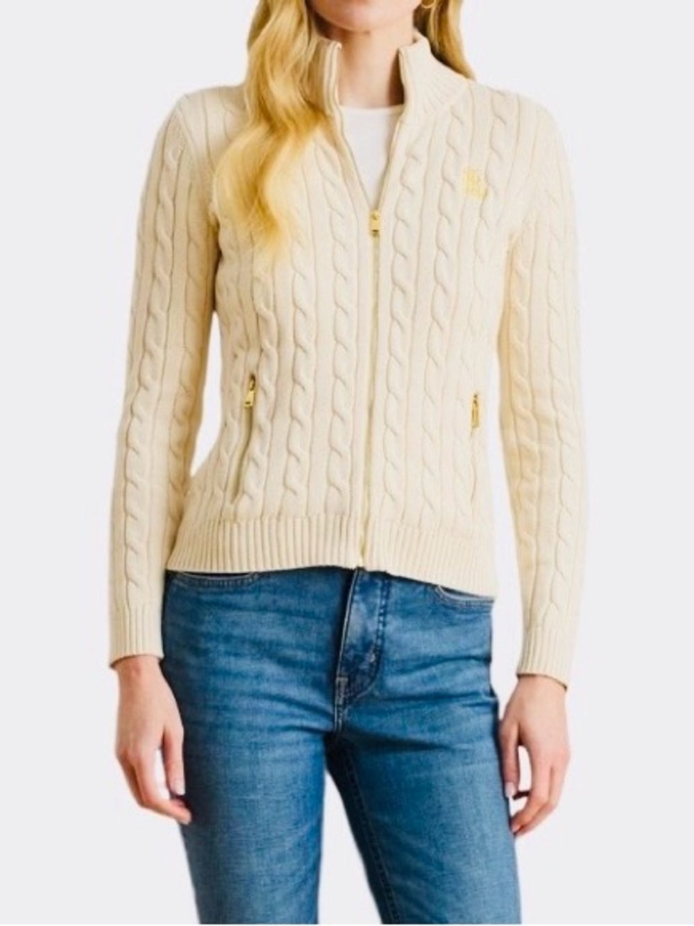 Lauren Ralph Lauren cable knit mock neck zip-up sweater jacket